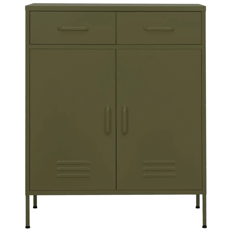 Armoire de rangement moderne 80 x 35 x 101,5 cm avec 2 tiroirs pratiques ambiance cosy en acier vert olive 02_0046844