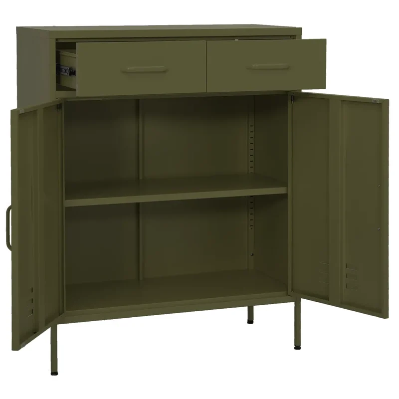 Armoire de rangement moderne 80 x 35 x 101,5 cm avec 2 tiroirs pratiques ambiance cosy en acier vert olive 02_0046844