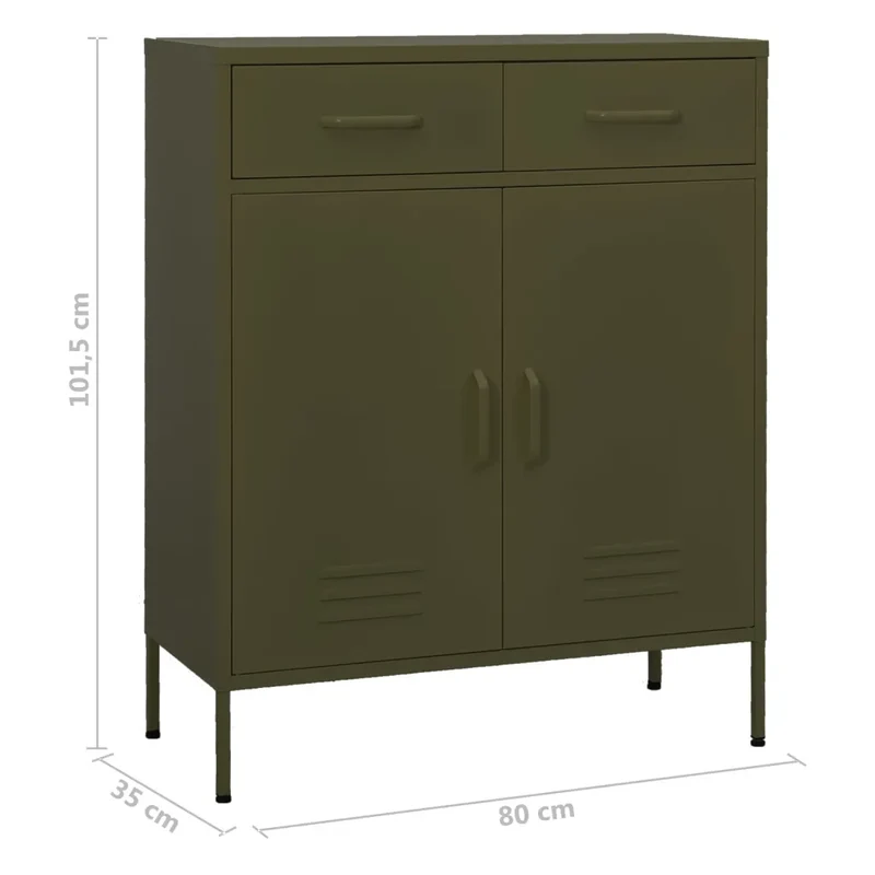 Armoire de rangement moderne 80 x 35 x 101,5 cm avec 2 tiroirs pratiques ambiance cosy en acier vert olive 02_0046844
