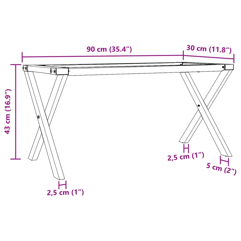 Pieds de table basse cadre en X 90 x 30 x 43 cm robustes et stables style industriel en acier noir 02_0047238