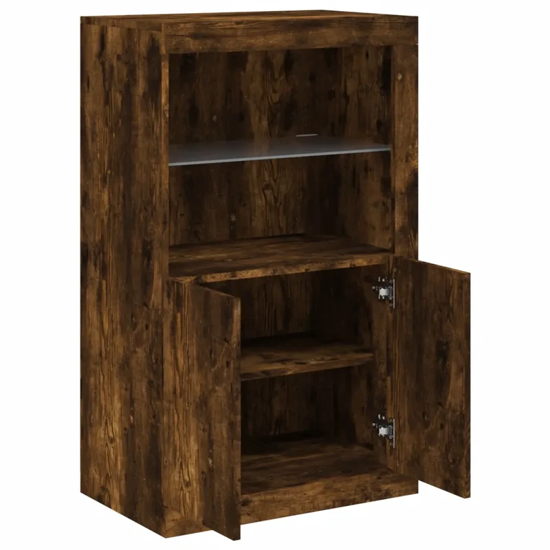 Armoire latérale avec éclairage LED mobilier design contemporain rangement 60,5 x 37 x 100 cm en bois d'ingénierie chêne fumé 02_0049360