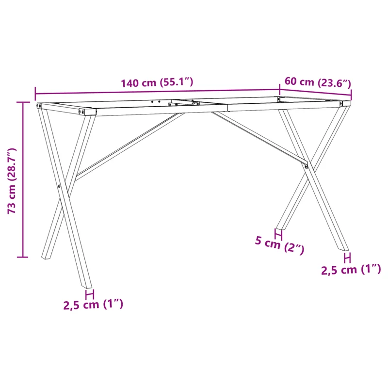 Pieds de table à manger cadre en X 140 x 60 x 73 cm robustes et stables design industriel en acier noir 02_0047245