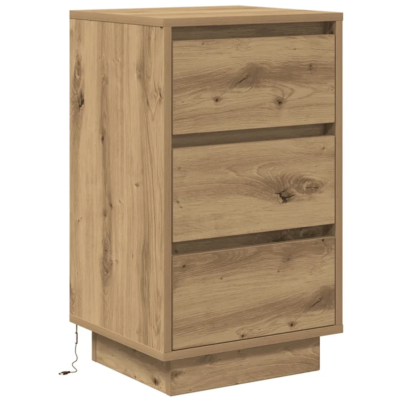 Table de chevet avec éclairage LED 38 x 34 x 65 cm grand espace de rangement style moderne en bois chêne artisanal 02_0051617
