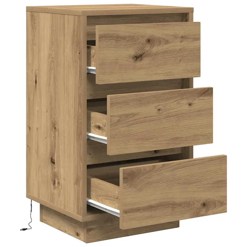 Table de chevet avec éclairage LED 38 x 34 x 65 cm grand espace de rangement style moderne en bois chêne artisanal 02_0051617