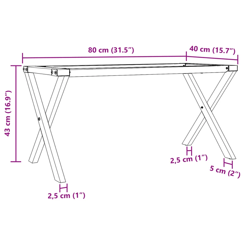 Pieds de table basse cadre en x 80 x 40 x 43 cm installation facile style industriel en acier noir 02_0047237