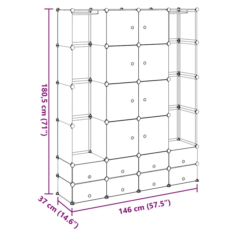 Armoire modulaire 37 x 146 x 180 cm avec 18 compartiments polyvalente moderne chambre couloir en plastique noir 02_0046223