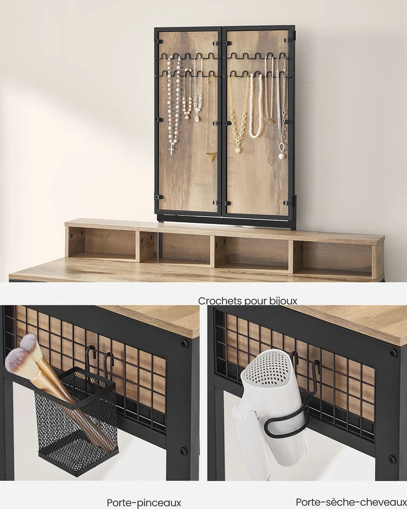Ensemble de coiffeuse table de toilette avec tabouret 40 x 90 x 141 cm rembourré avec miroir triple 3 tiroirs porte-sèche-cheveux pot style industriel marron rustique et noir 12_0005420