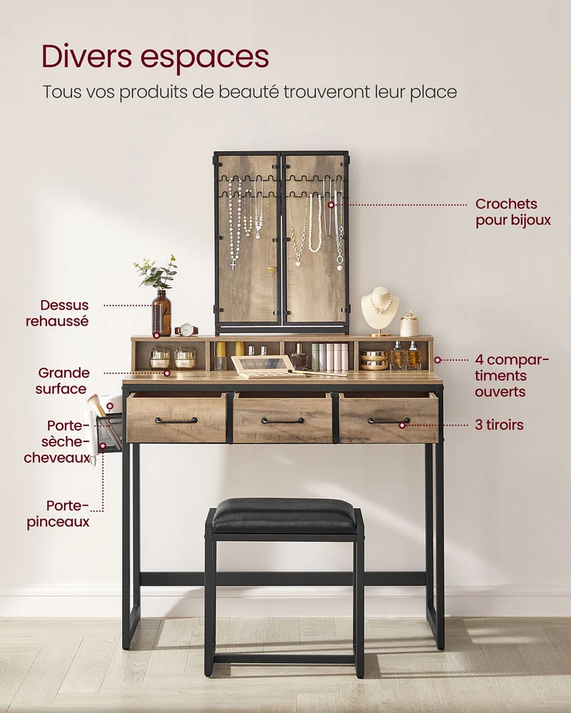 Ensemble de coiffeuse table de toilette avec tabouret 40 x 90 x 141 cm rembourré avec miroir triple 3 tiroirs porte-sèche-cheveux pot style industriel marron rustique et noir 12_0005420