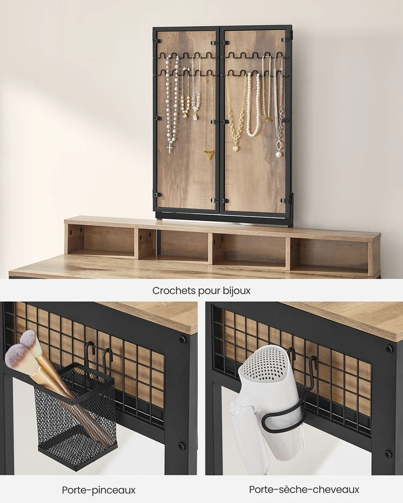 Ensemble de coiffeuse table de toilette avec tabouret 40 x 90 x 141 cm rembourré avec miroir triple 3 tiroirs porte-sèche-cheveux pot style industriel marron rustique et noir 12_0005420