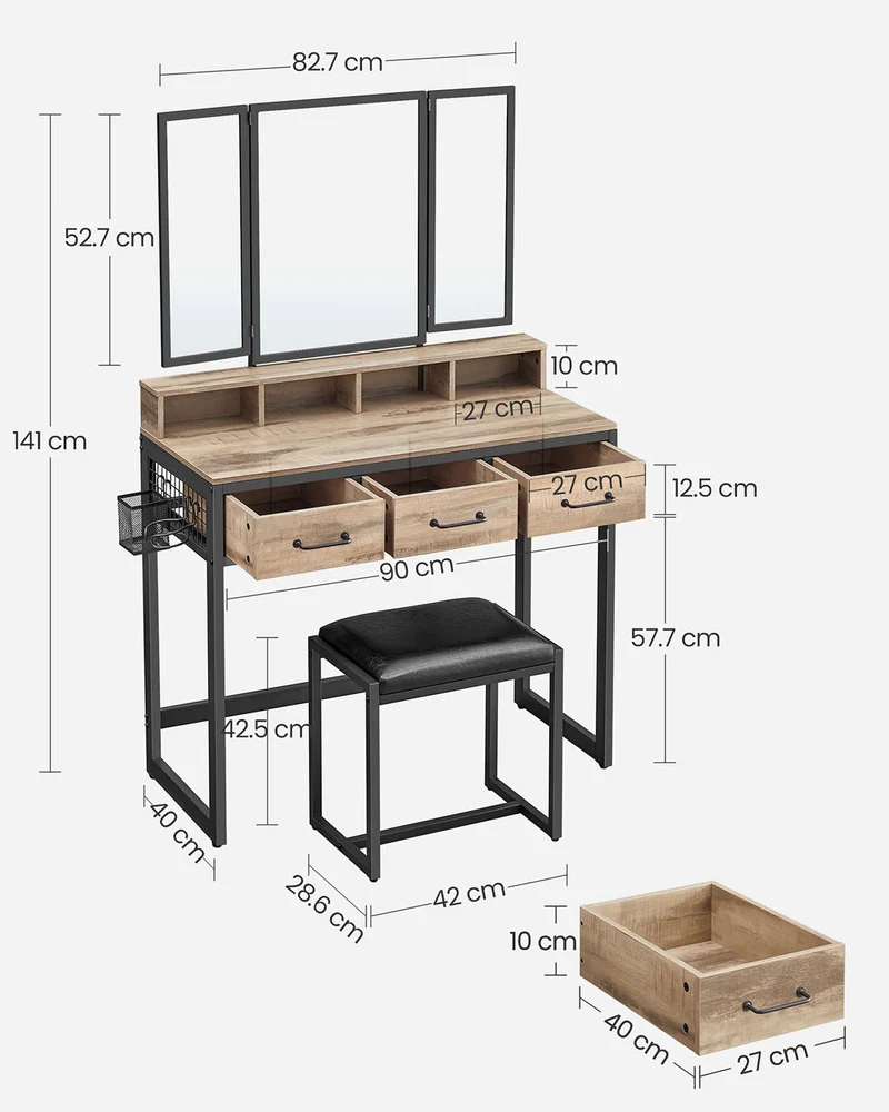Ensemble de coiffeuse table de toilette avec tabouret 40 x 90 x 141 cm rembourré avec miroir triple 3 tiroirs porte-sèche-cheveux pot style industriel marron rustique et noir 12_0005420