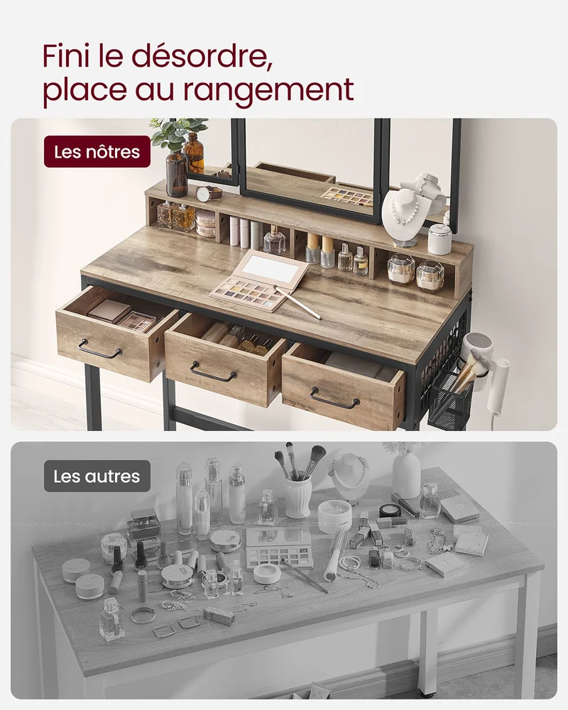 Ensemble de coiffeuse table de toilette avec tabouret 40 x 90 x 141 cm rembourré avec miroir triple 3 tiroirs porte-sèche-cheveux pot style industriel marron rustique et noir 12_0005420