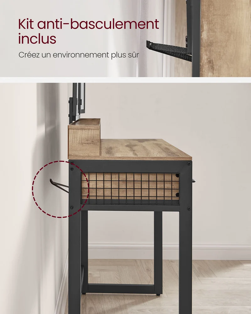 Ensemble de coiffeuse table de toilette avec tabouret 40 x 90 x 141 cm rembourré avec miroir triple 3 tiroirs porte-sèche-cheveux pot style industriel marron rustique et noir 12_0005420
