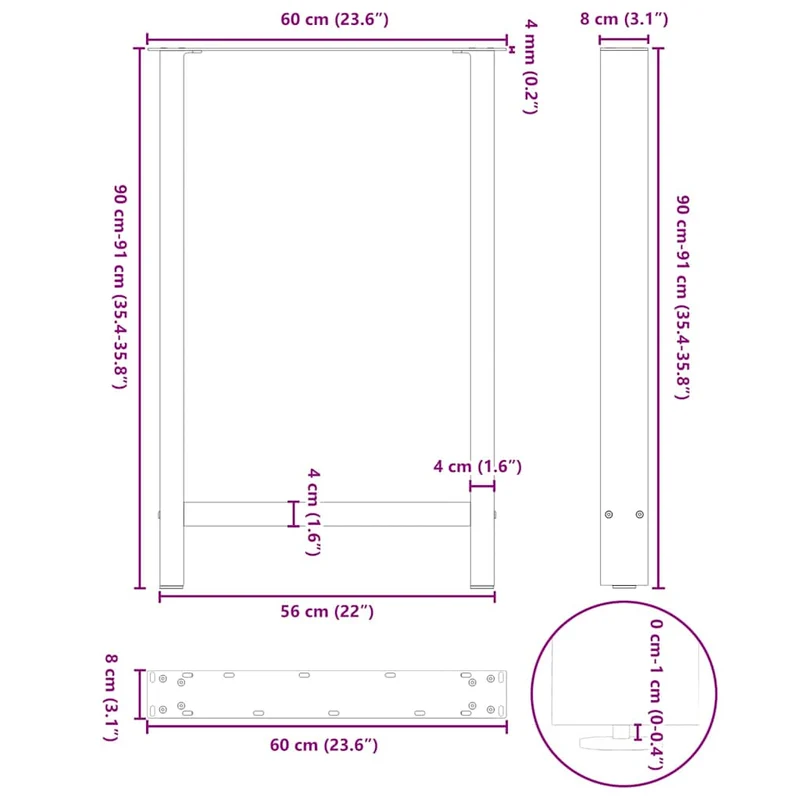 Lot de 2 pieds de table de bar carrés réglables 60 x 90 cm design moderne salon en acier noir 02_0057572