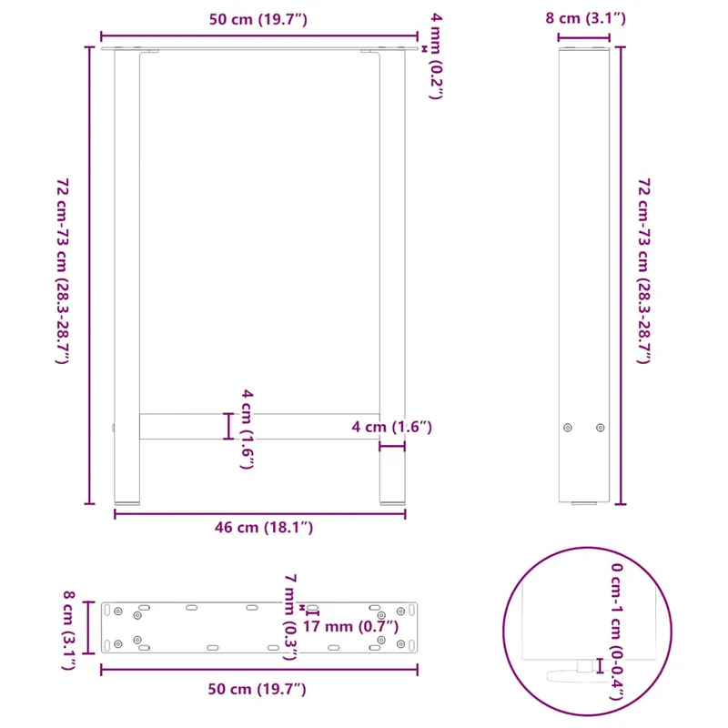 Lot de 2 pieds de table à manger carrés modernes ajustables 50 x 72-73 cm en acier noir 02_0057540