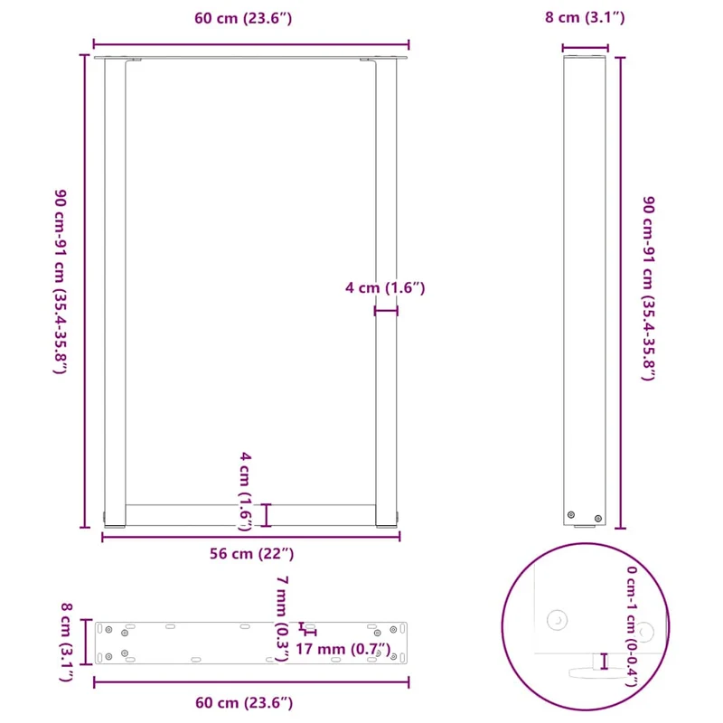 Lot de 2 pieds de table de bar en U 60 x 90 cm forme robuste avec niveleurs réglables design moderne en acier anthracite 02_0057466