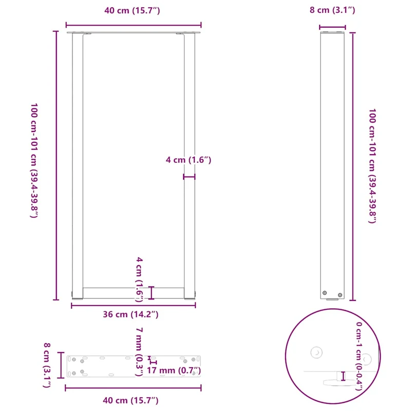 Lot de 2 pieds de table de bar en U réglables 40 x 100 cm design moderne en acier anthracite 02_0057470