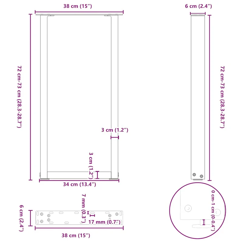 Lot de 2 pieds de table console en U 38 x 72-73 cm avec niveleurs réglables design moderne en acier anthracite 02_0057414
