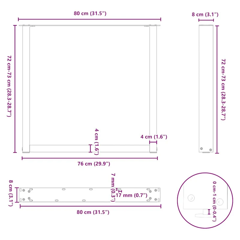 Lot de 2 pieds de table à manger en U 80 x 72 cm réglables design moderne en acier blanc 02_0057429