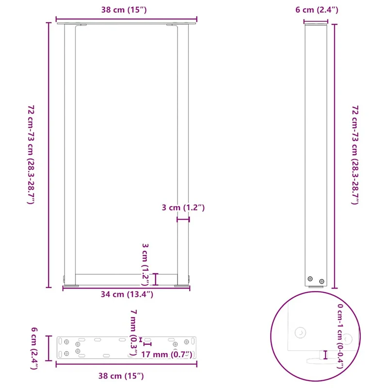 Lot de 2 pieds de table console en U 38 x 72 cm avec niveleurs réglables style moderne en acier blanc 02_0057413