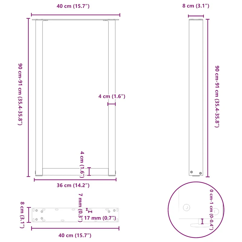 Lot de 2 pieds de table de bar en U réglables 40 x 90 x 91 cm design moderne en acier blanc 02_0057457