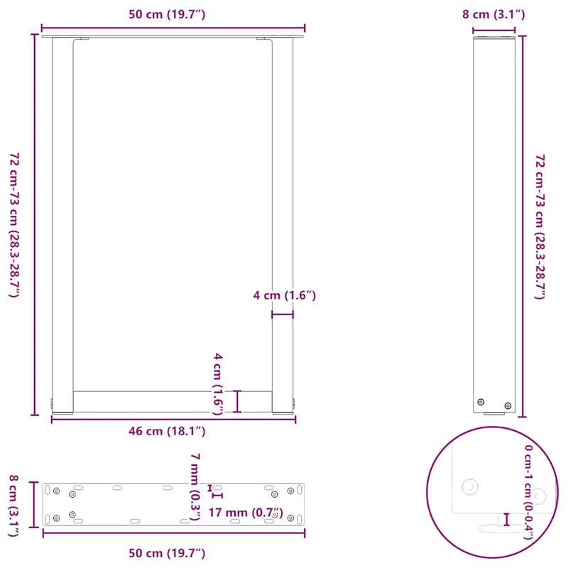 Lot de 2 pieds de table à manger en U 50 x 73 cm robustes modernes ajustables en acier blanc 02_0057417