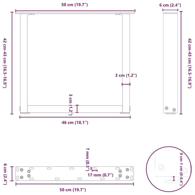 Lot de 2 pieds de table basse en U noirs 50 x 42-43 cm avec niveleurs réglables design moderne en acier noir 02_0057396