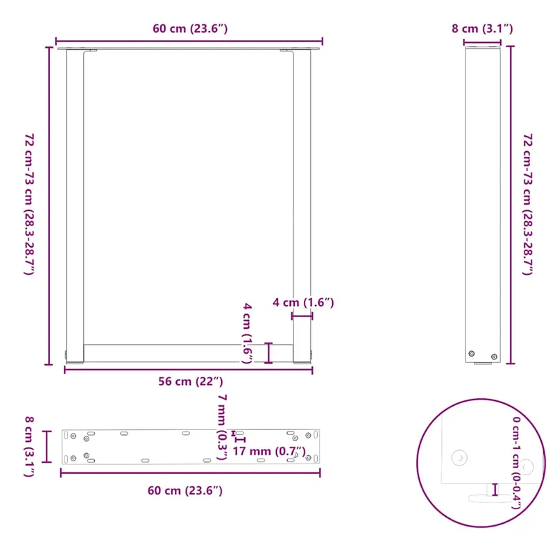 Lot de 2 pieds de table à manger en U 60 x 72 cm robuste design moderne avec niveleurs en acier anthracite 02_0057422