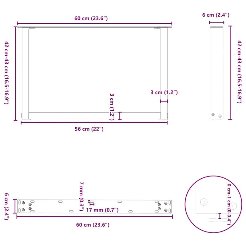 Lot de 2 pieds de table basse en U réglables 60 x 42-43 cm design moderne en acier noir 02_0057400