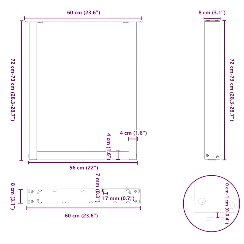 Lot de 2 pieds de table à manger en U 60 x 72 cm réglables design moderne bureau salle à manger en acier noir 02_0057420