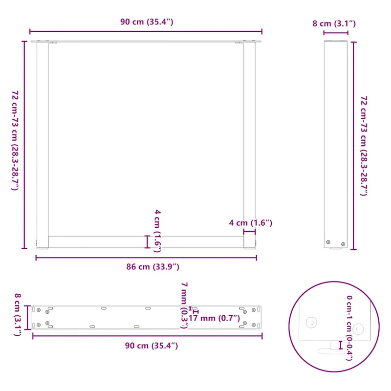 Lot de 2 pieds de table à manger en U réglables 90 x 72-73 cm style moderne en acier noir 02_0057432