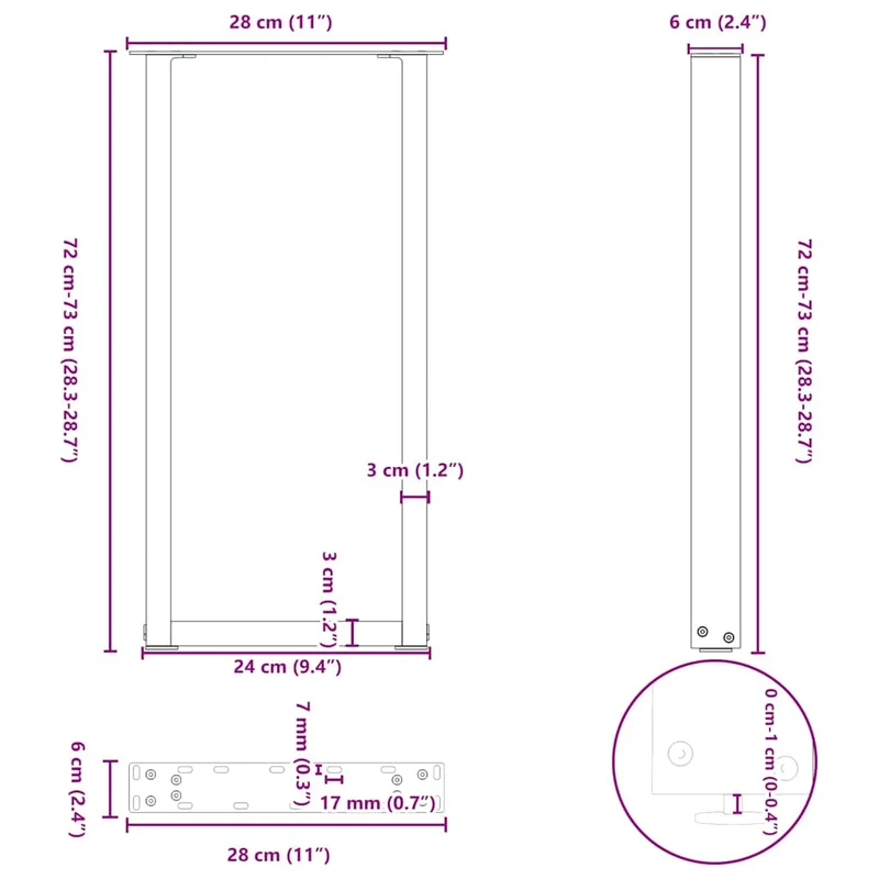 Lot de 2 pieds de console en U ajustables 28 x 73 cm en acier noir 02_0057408