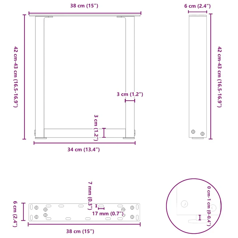 Lot de 2 pieds de table basse en U 38 x 43 cm avec niveleurs réglables design moderne en acier noir 02_0057392