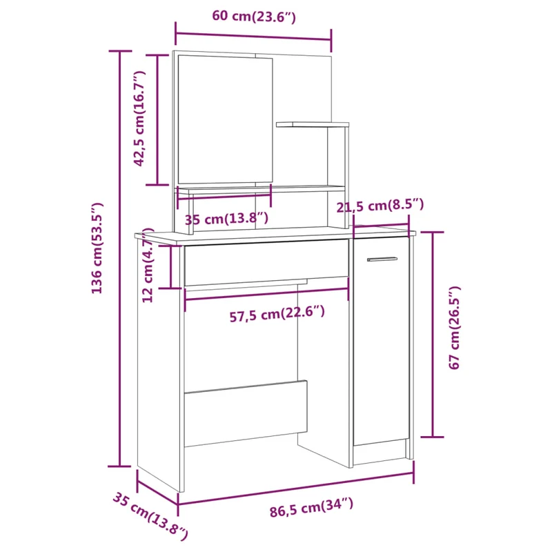 Ensemble de coiffeuse 86,5 x 35 x 136 cm chêne sonoma 02_0006278