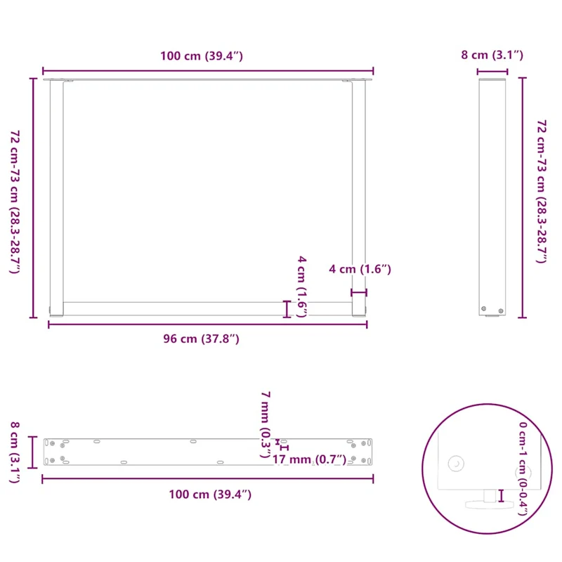 Lot de 3 pieds de table à manger en U 100 x 72-73 cm robustes modernes réglables en acier noir 02_0057452