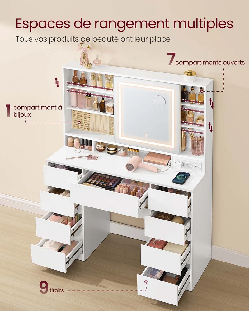 Coiffeuse avec miroir led multiprise 9 tiroirs loupe 10x rangement bijoux éclairage 3 couleurs installation des rails sans outils blanc nuage 12_0007990