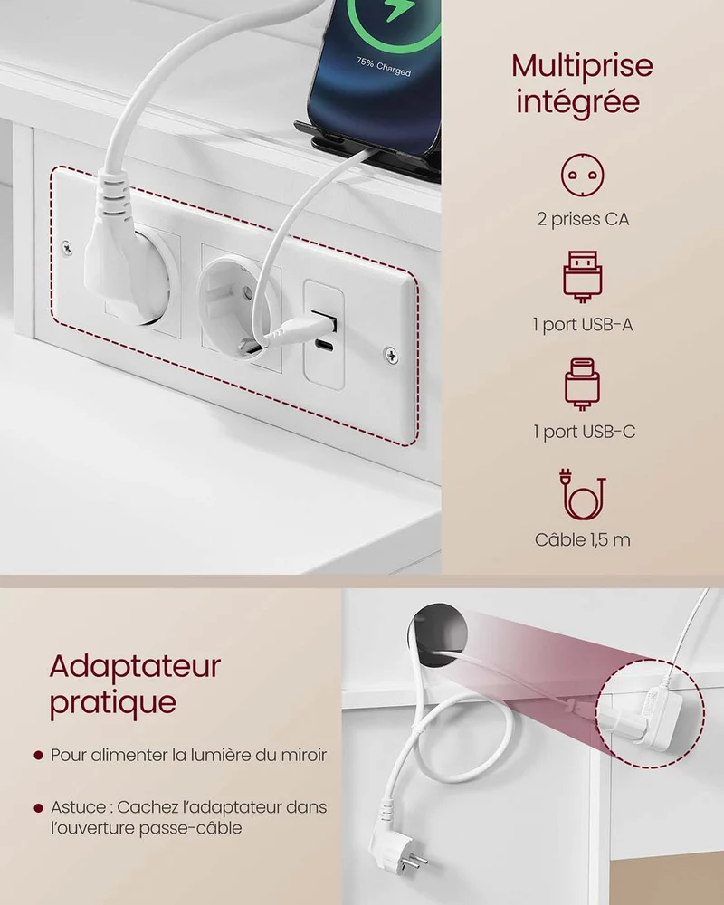 Coiffeuse avec miroir led multiprise 9 tiroirs loupe 10x rangement bijoux éclairage 3 couleurs installation des rails sans outils blanc nuage 12_0007990