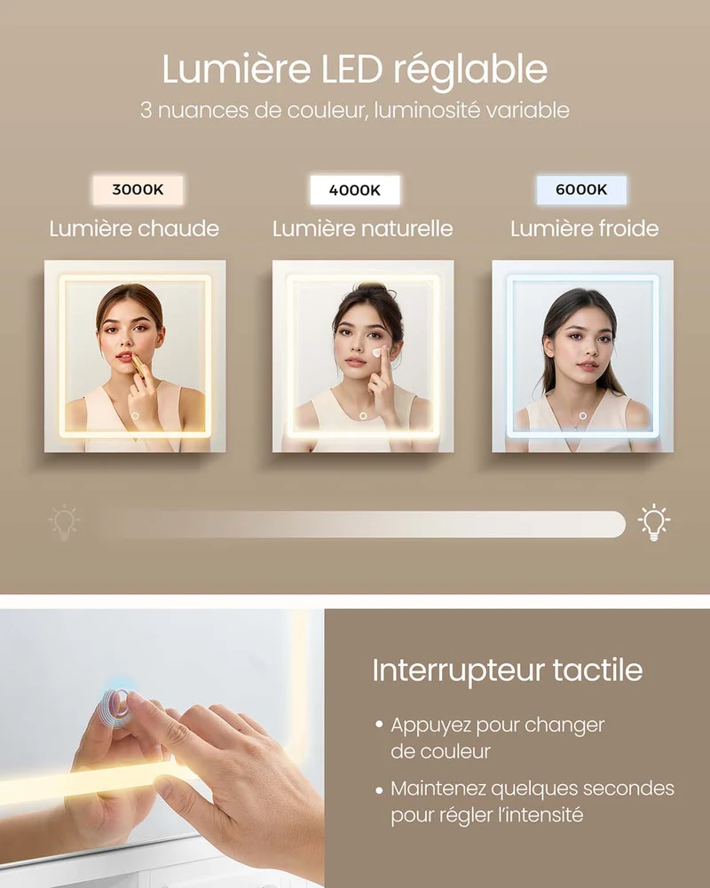 Coiffeuse avec miroir led multiprise 9 tiroirs loupe 10x rangement bijoux éclairage 3 couleurs installation des rails sans outils blanc nuage 12_0007990