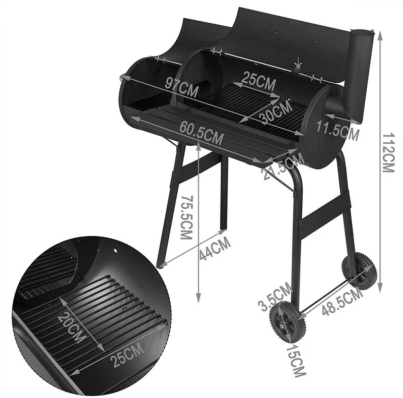 Barbecue chariot à charbon de bois 2 compartiments avec roues de transport noir 19_0000937