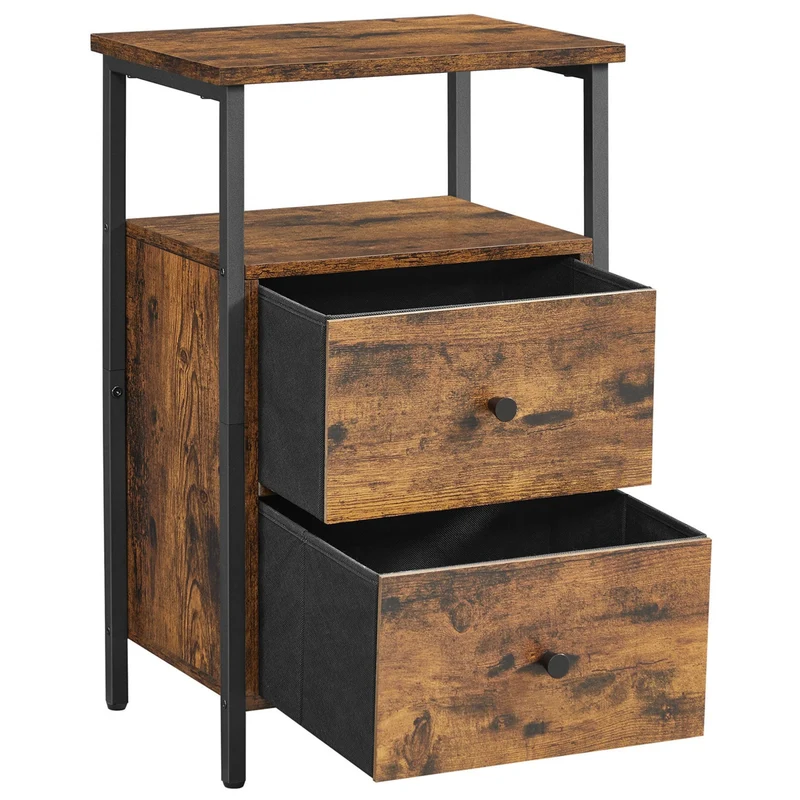 Table de chevet table de nuit bout de canapé 2 tiroirs pour chambre salon style industriel 60 cm marron rustique et noir 12_0002376