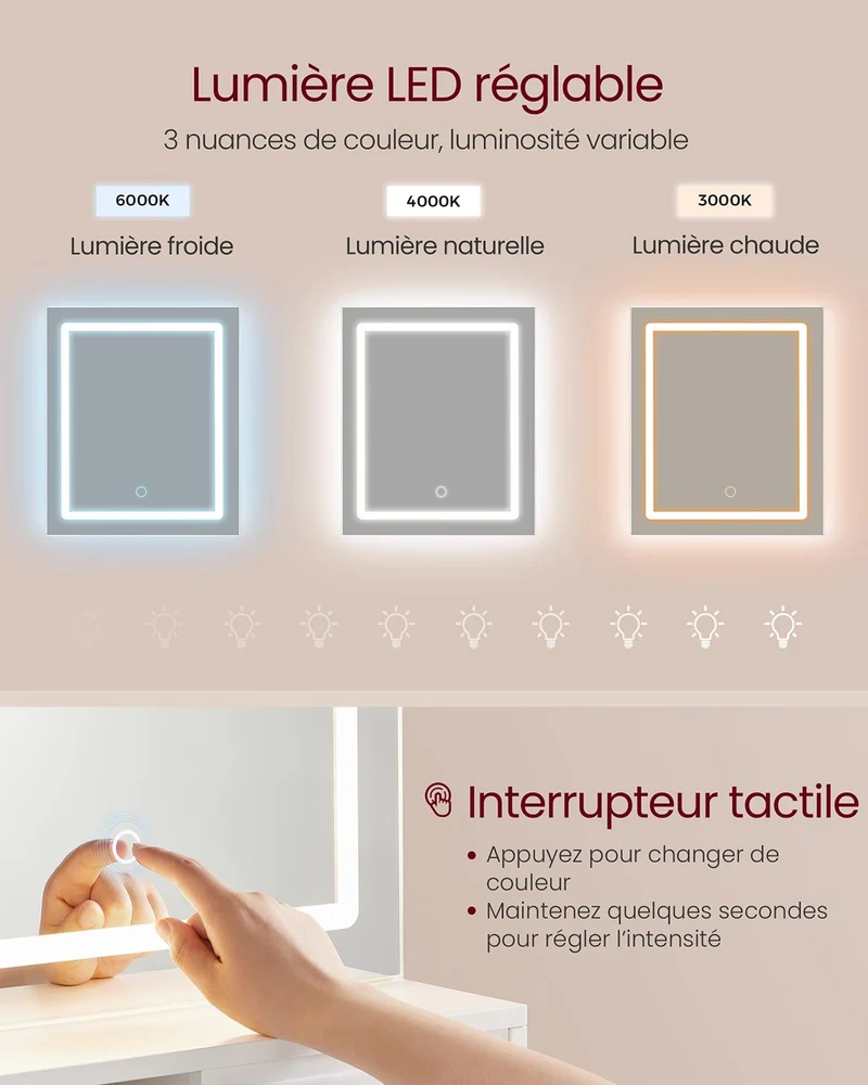 Coiffeuse table de maquillage avec miroir 1 tiroir 2 étagères placard de rangement organisateur de maquillage blanc 12_0005178