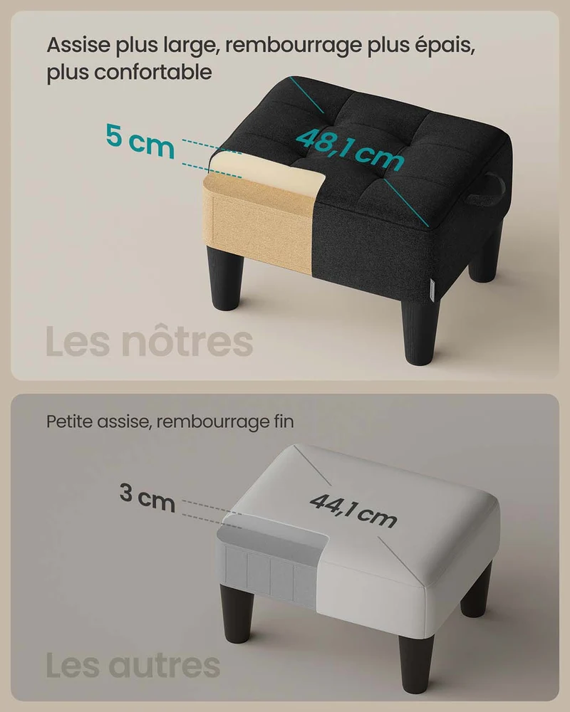 Tabouret repose-pieds en velours pouf rembourrage épais capacité de charge 150 kg pour salon chambre entrée noir 12_0007735