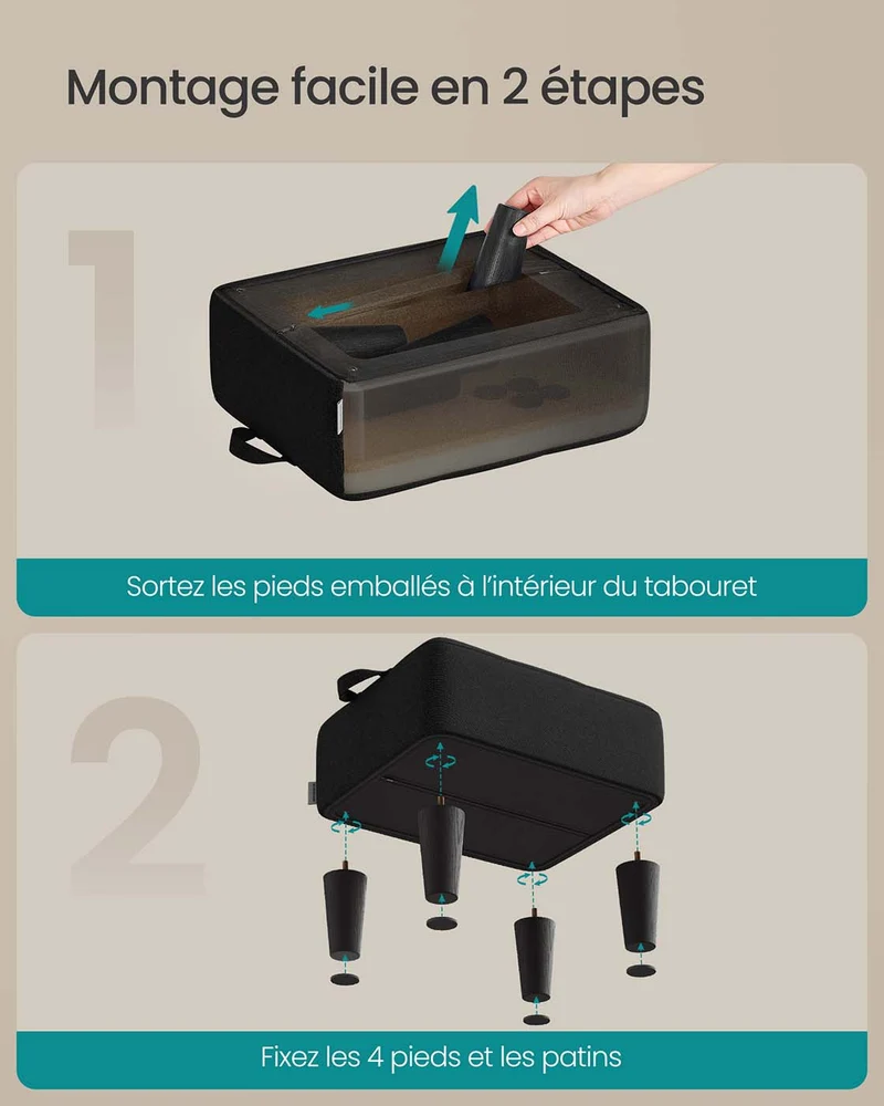 Tabouret repose-pieds en velours pouf rembourrage épais capacité de charge 150 kg pour salon chambre entrée noir 12_0007735