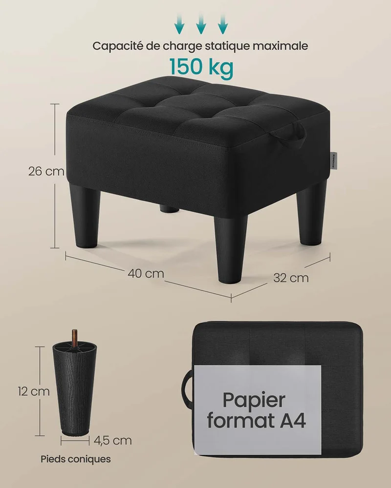Tabouret repose-pieds en velours pouf rembourrage épais capacité de charge 150 kg pour salon chambre entrée noir 12_0007735