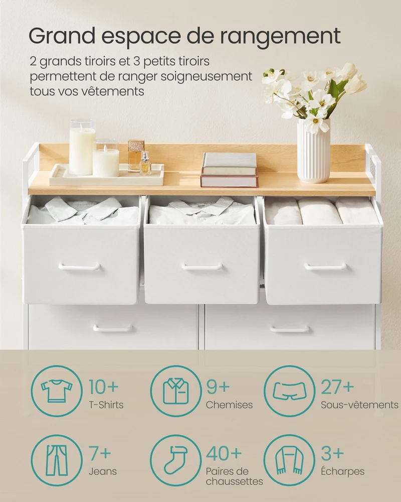 Commode en tissu meuble de rangement avec 7 tiroirs à 3 niveaux avec poignées en métal style industriel blanc 12_0005210