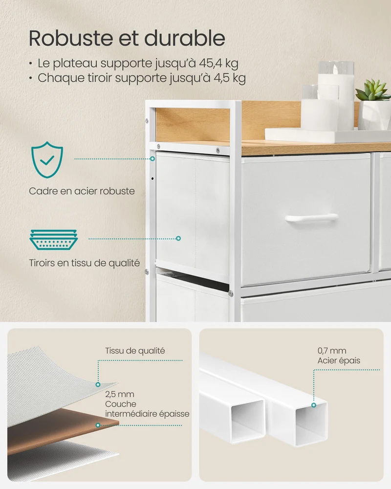 Commode en tissu meuble de rangement avec 7 tiroirs à 3 niveaux avec poignées en métal style industriel blanc 12_0005210