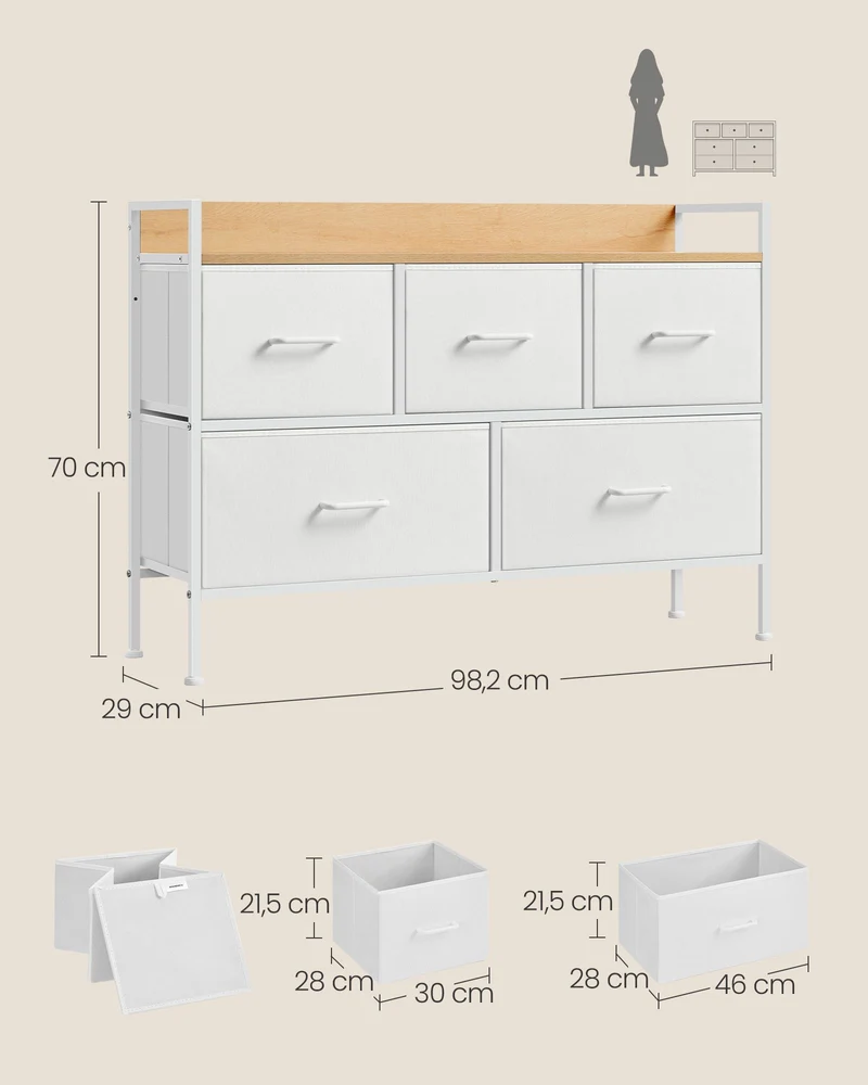Commode en tissu meuble de rangement avec 7 tiroirs à 3 niveaux avec poignées en métal style industriel blanc 12_0005210