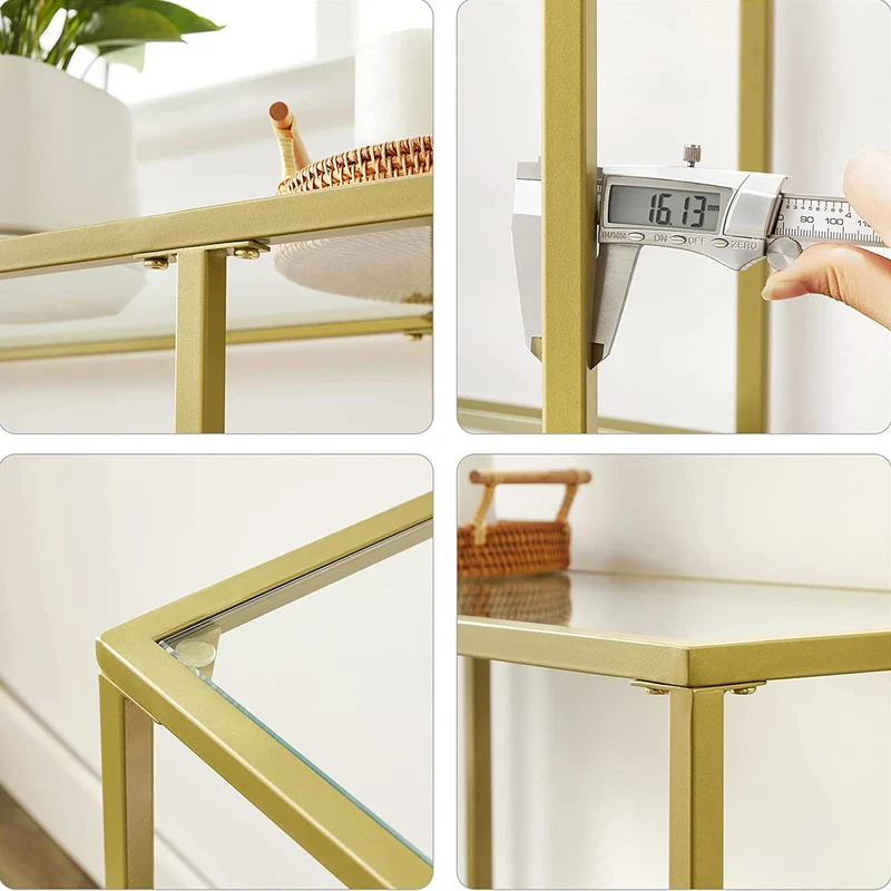 Table console meuble d’entrée étagère à 3 niveaux en verre trempé 130 x 30 x 73 cm cadre en métal style moderne pour entrée salon chambre doré 12_0002965