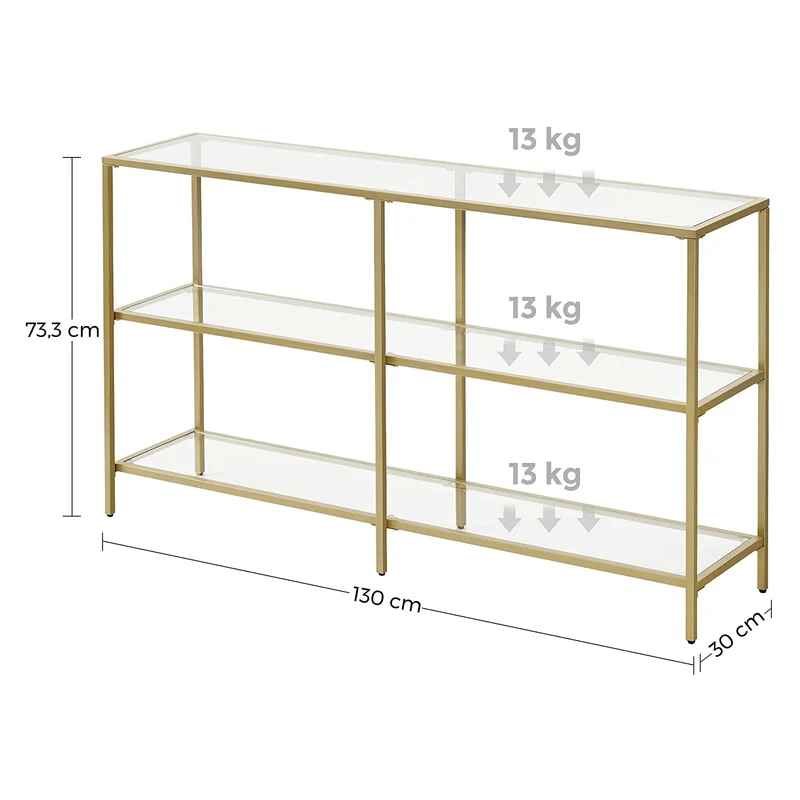 Table console meuble d’entrée étagère à 3 niveaux en verre trempé 130 x 30 x 73 cm cadre en métal style moderne pour entrée salon chambre doré 12_0002965