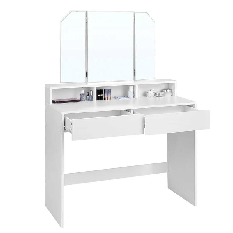 Coiffeuse avec miroir pliable table de maquillage avec 2 tiroirs et 3 compartiments de rangement style moderne blanc 12_0002325