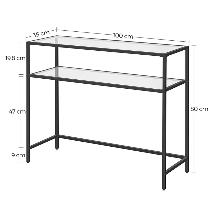 Table console table d’entrée bout de canapé dessus de table en verre trempé cadre métallique 2 niveaux pieds réglables pour salon entrée couloir noir 12_0002968